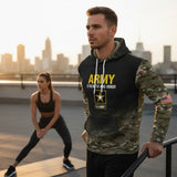 Roll Gear Army Strength and Honor hoodie with camo sleeves and US flag patch. Black body, 95% cotton, 5% elastane.