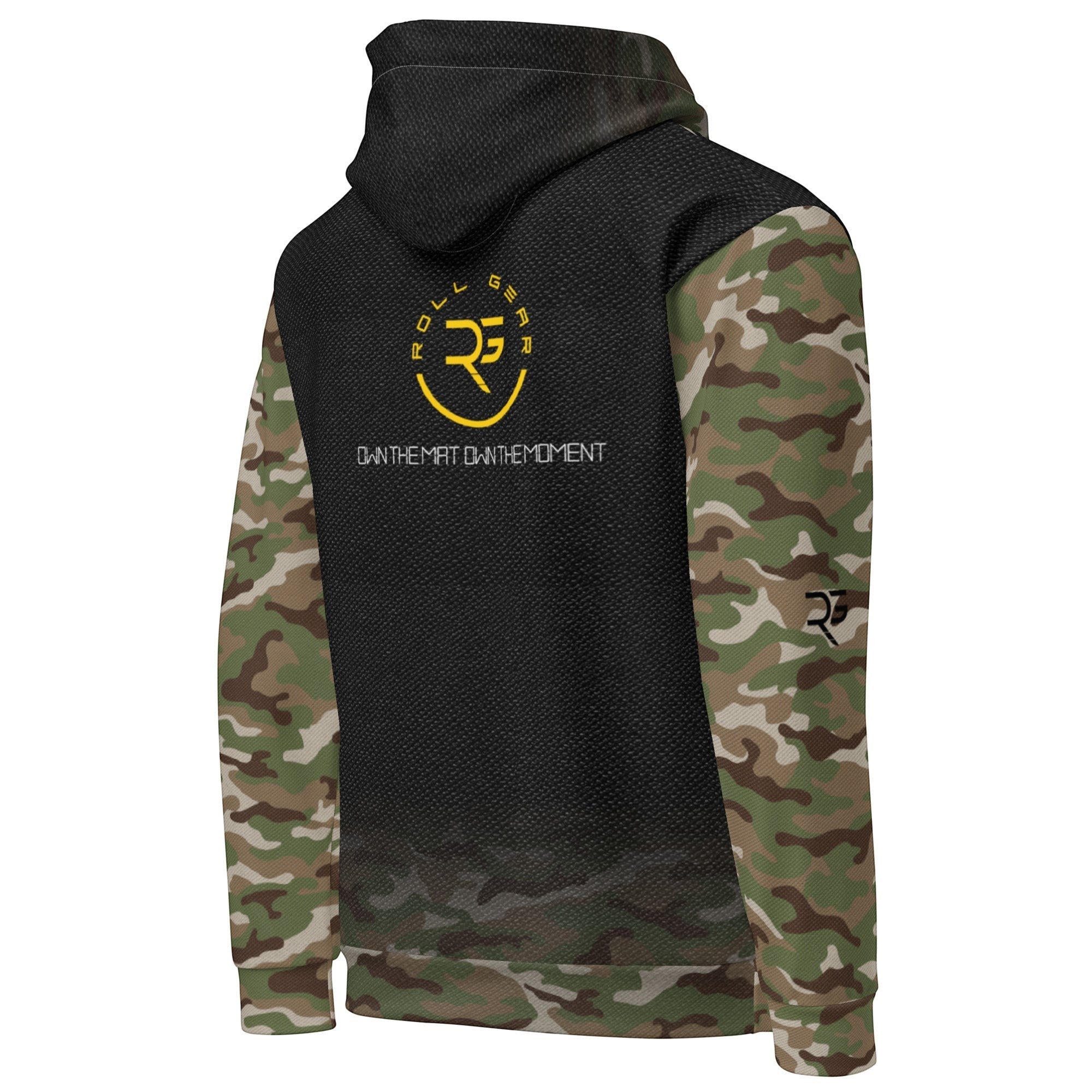 Roll Gear Army Military Hoodie with camo sleeves, black body, and graphic print on back. 95% cotton, 5% elastane.