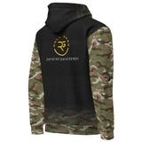 Roll Gear Army Military Hoodie with camo sleeves, black body, and graphic print on back. 95% cotton, 5% elastane.