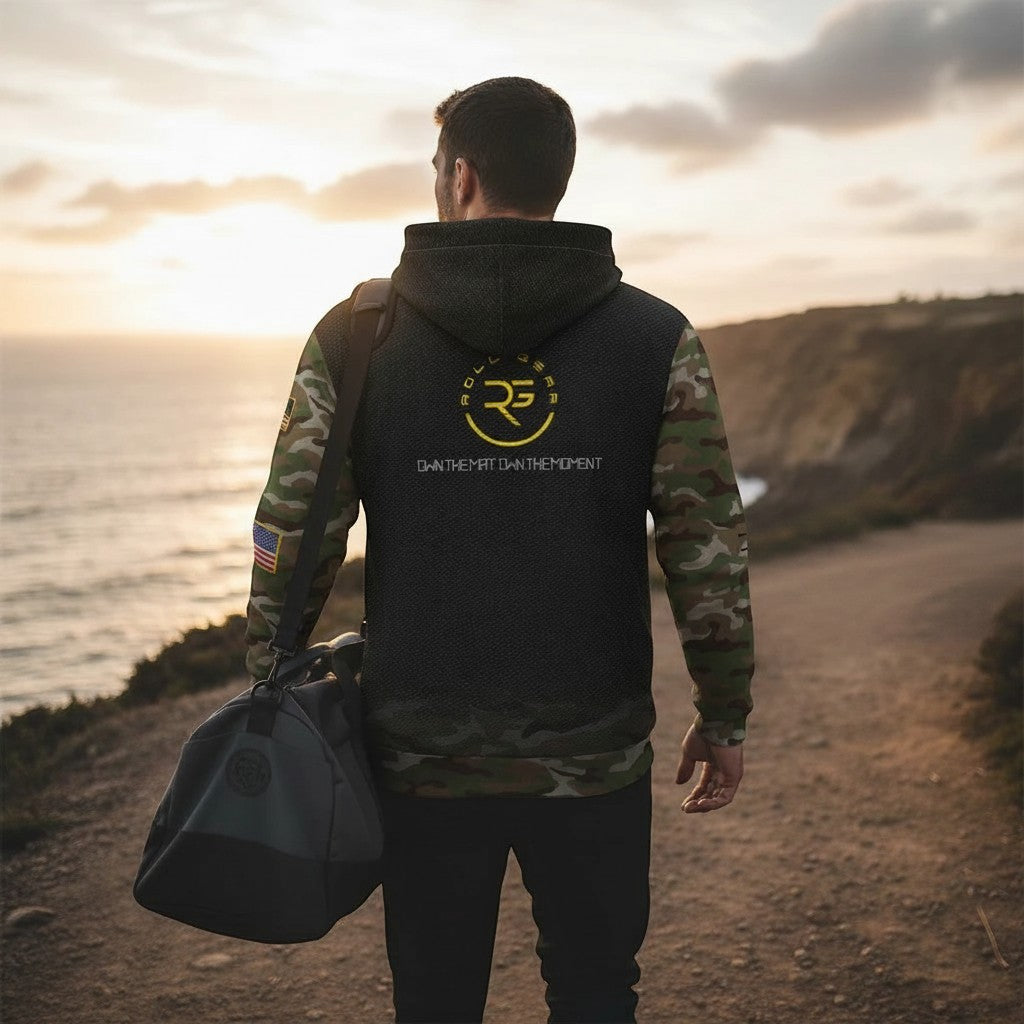 Roll Gear Army Military Hoodie with camo sleeves, black body, and US flag patch. Unisex fit.
