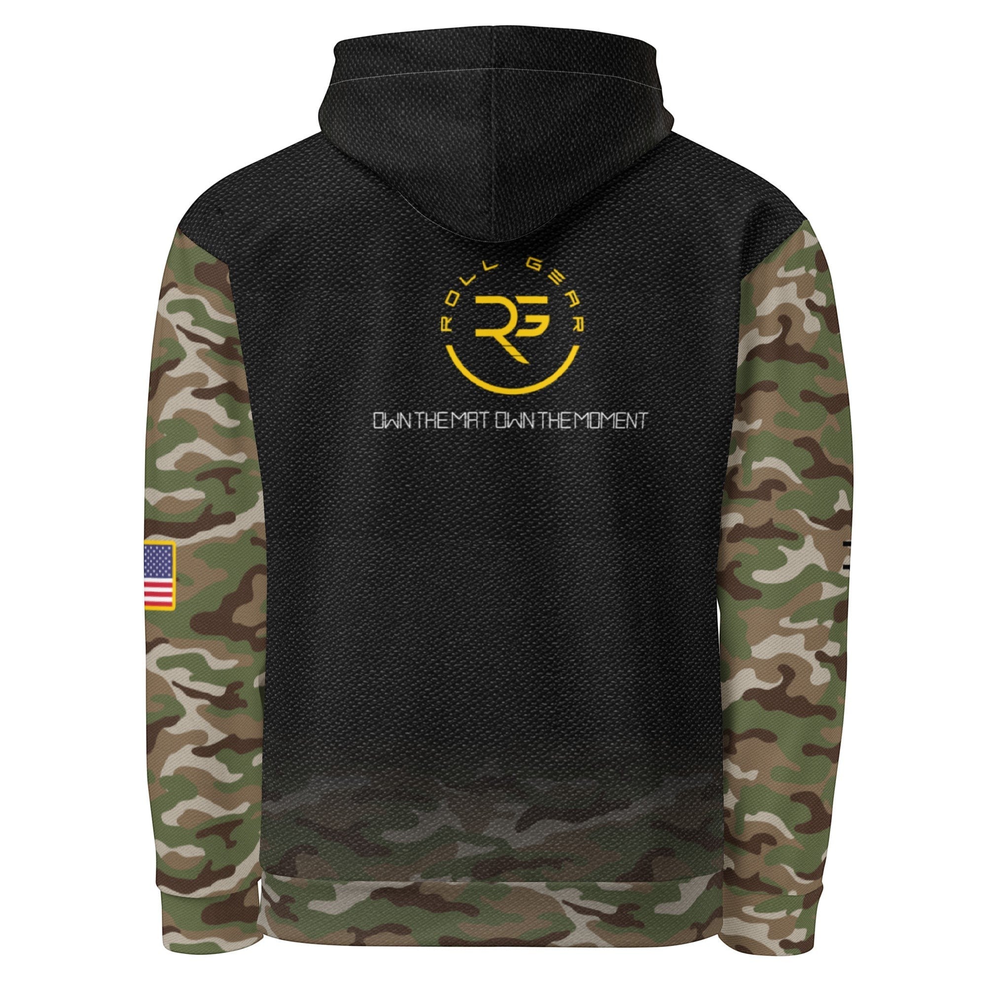 Roll Gear Army Military Hoodie with camo sleeves, US flag patch, and yellow RG logo. 95% cotton, 5% elastane.