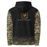 Roll Gear Army Military Hoodie with camo sleeves, US flag patch, and yellow RG logo. 95% cotton, 5% elastane.
