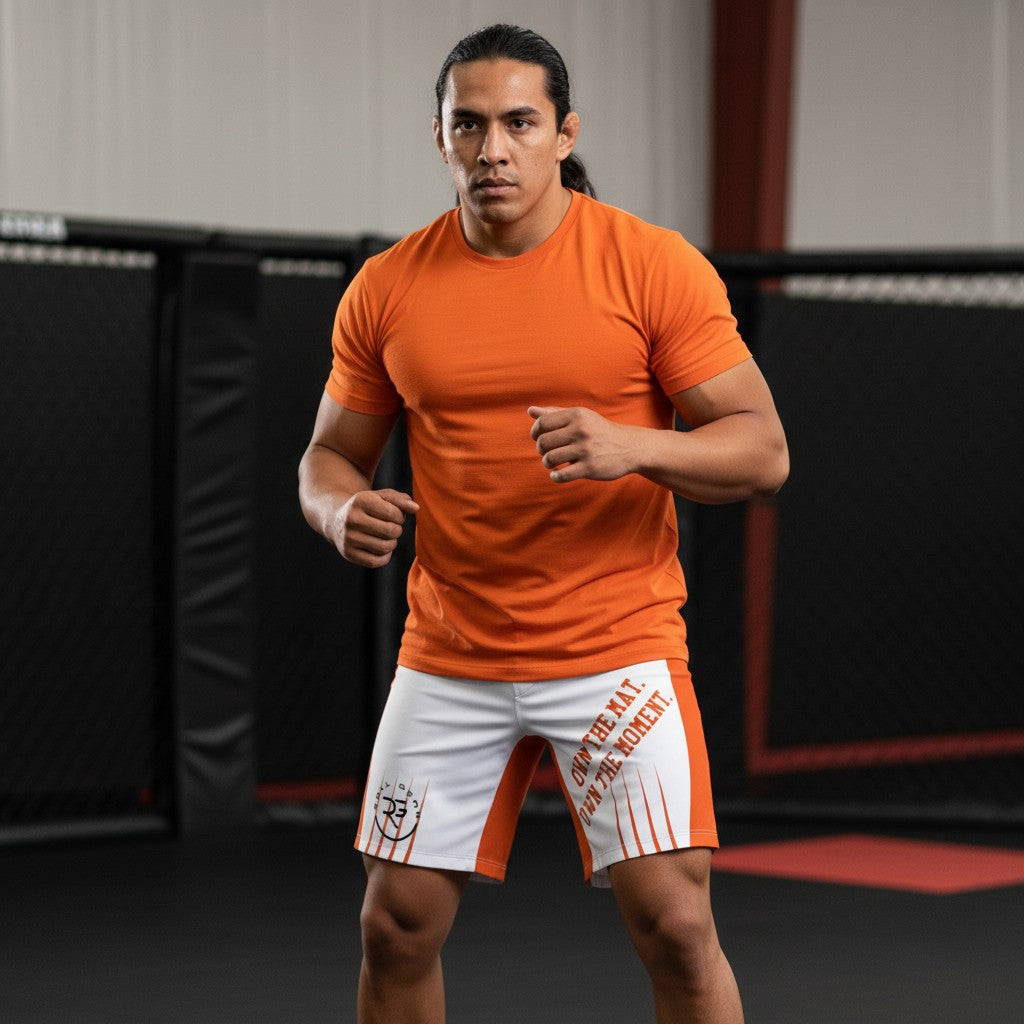 Roll Gear white athletic performance shorts with orange side panels and waistband. Features text "OWN THE MAT. OWN THE MOMENT."
