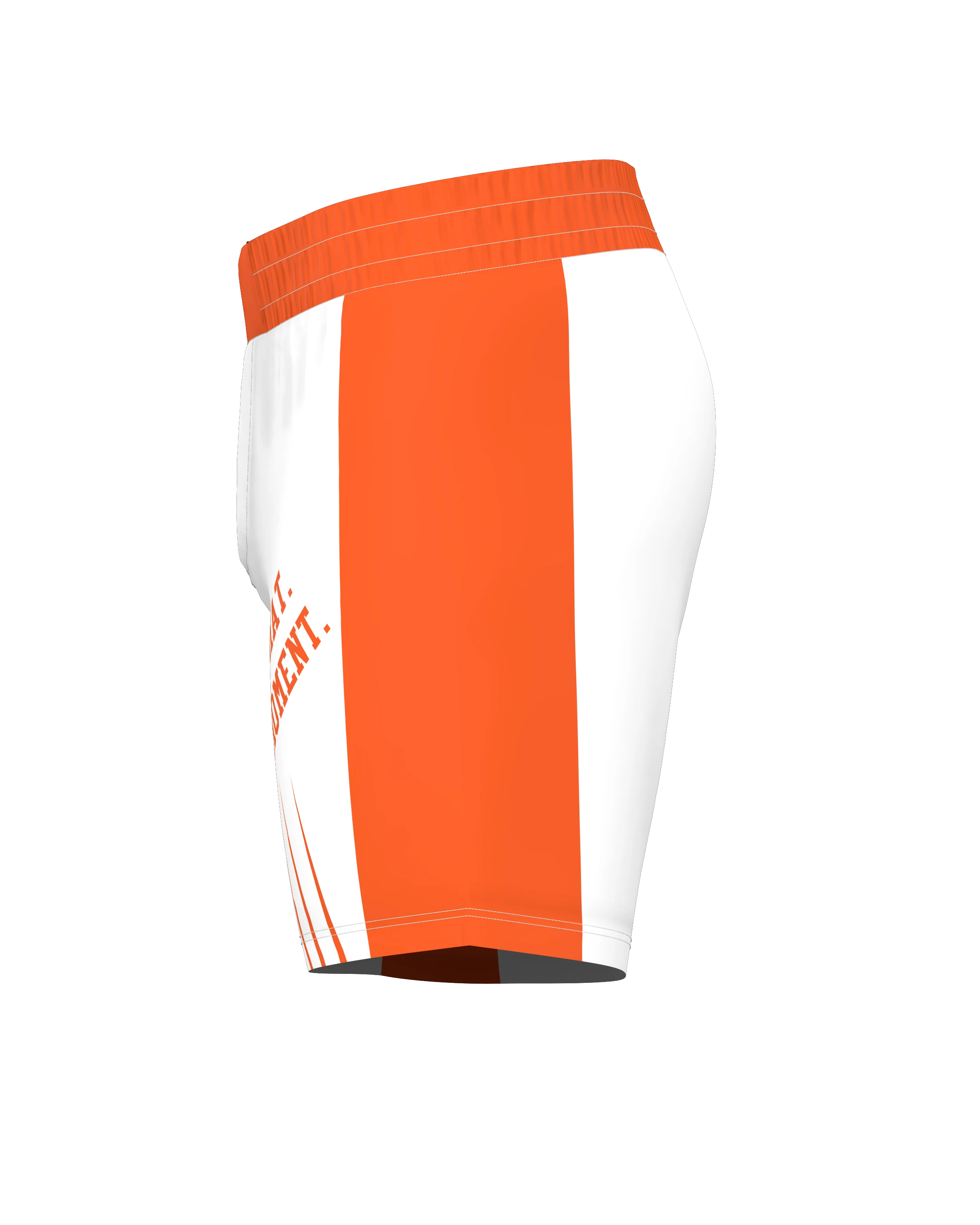 Roll Gear white athletic performance shorts with bold orange side panels and elastic waistband.