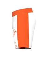 Roll Gear white athletic performance shorts with bold orange side panels and elastic waistband.