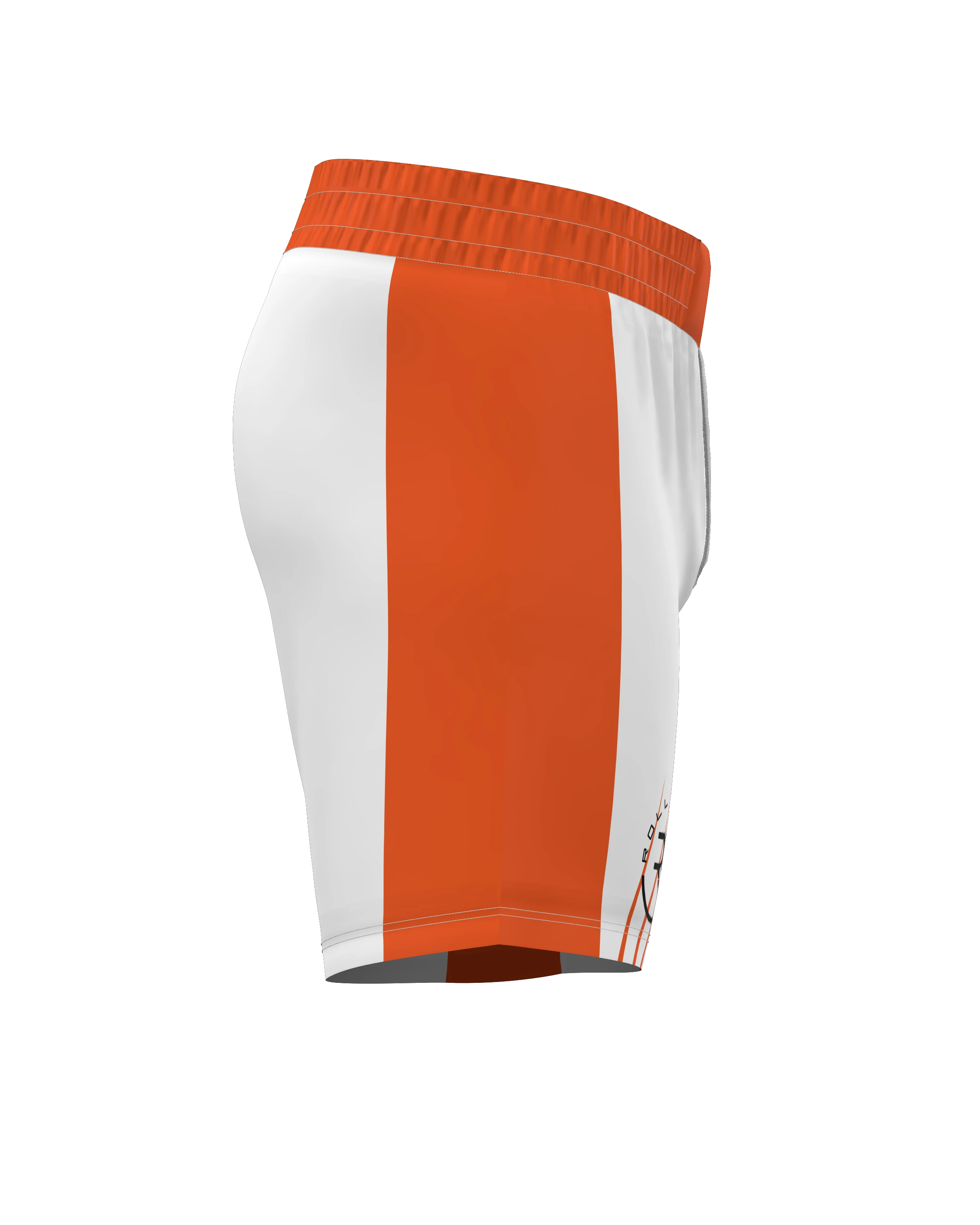 Roll Gear white athletic performance shorts with bold orange side panels and elastic waistband.