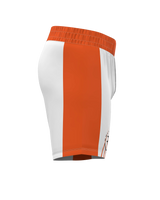 Roll Gear white athletic performance shorts with bold orange side panels and elastic waistband.