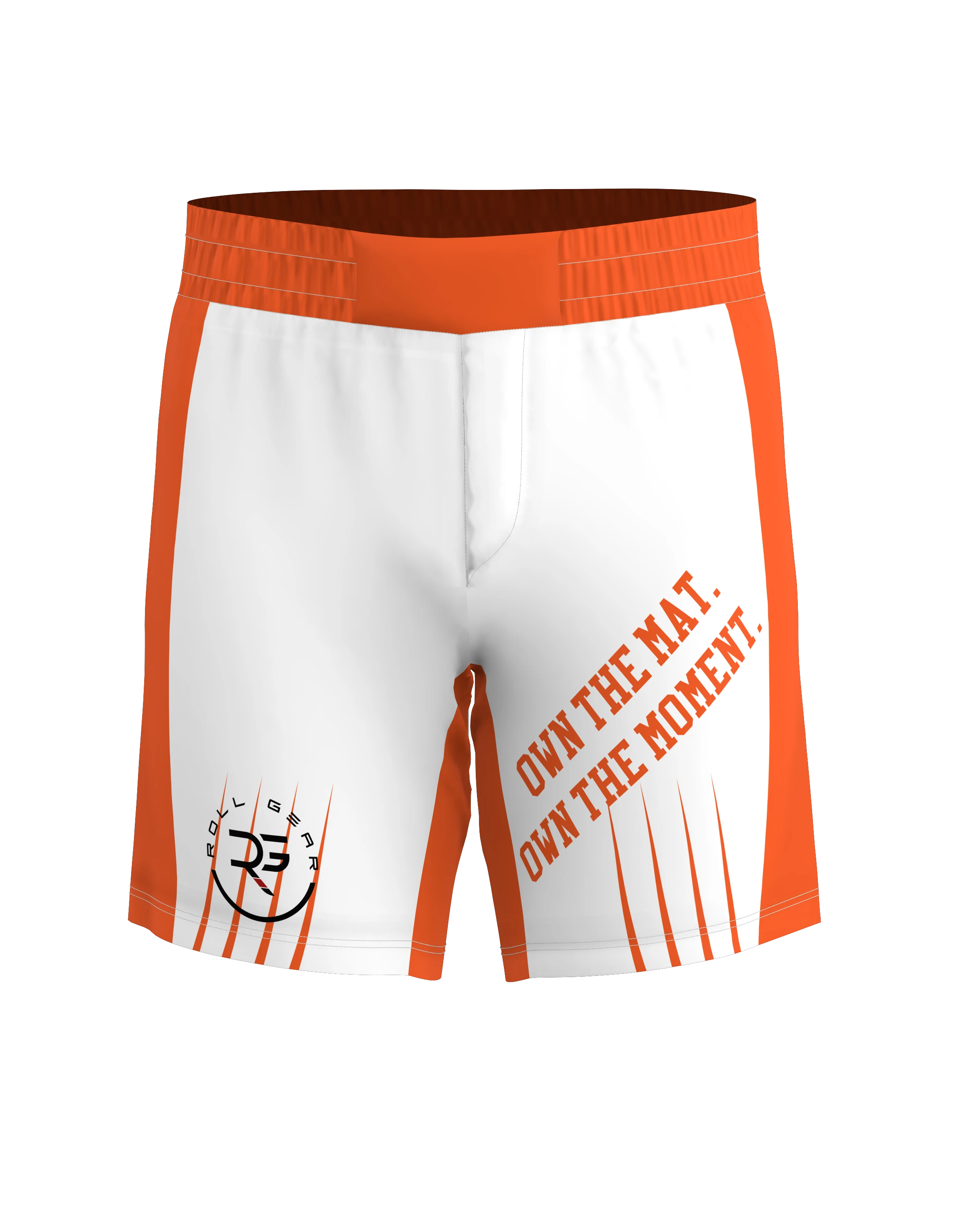 Roll Gear white athletic performance shorts with orange side panels and waistband. Features text "OWN THE MAT. OWN THE MOMENT."