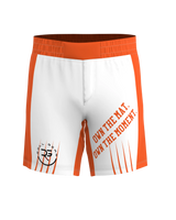 Roll Gear white athletic performance shorts with orange side panels and waistband. Features text "OWN THE MAT. OWN THE MOMENT."
