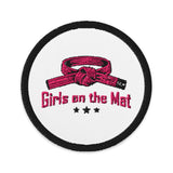 Roll Gear Girls on the Mat embroidered patch, 3-inch circular, black with pink belt and text, iron-on/sew-on/pin attachment.
