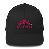 Roll Gear black structured baseball cap with pink embroidered BJJ belt graphic and "Girls on the Mat" text.