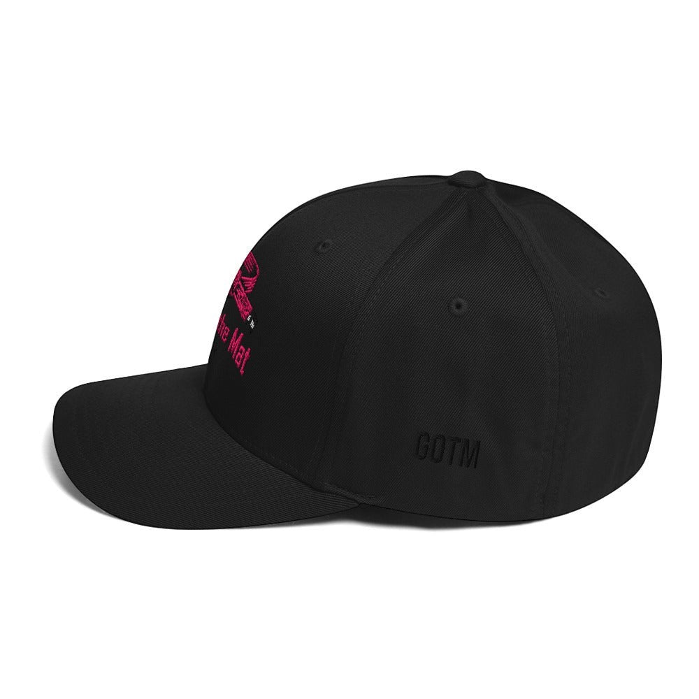 Roll Gear black structured cap with pink embroidered Girls on the Mat logo and belt graphic. Features GOTM branding.