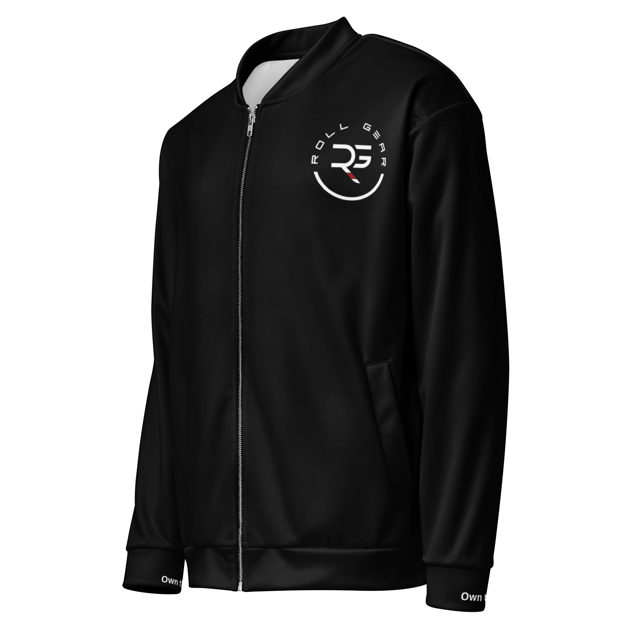 Roll Gear black polyester bomber jacket with fleece interior and embroidered logo on chest and back.