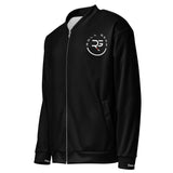 Roll Gear black polyester bomber jacket with fleece interior and embroidered logo on chest and back.