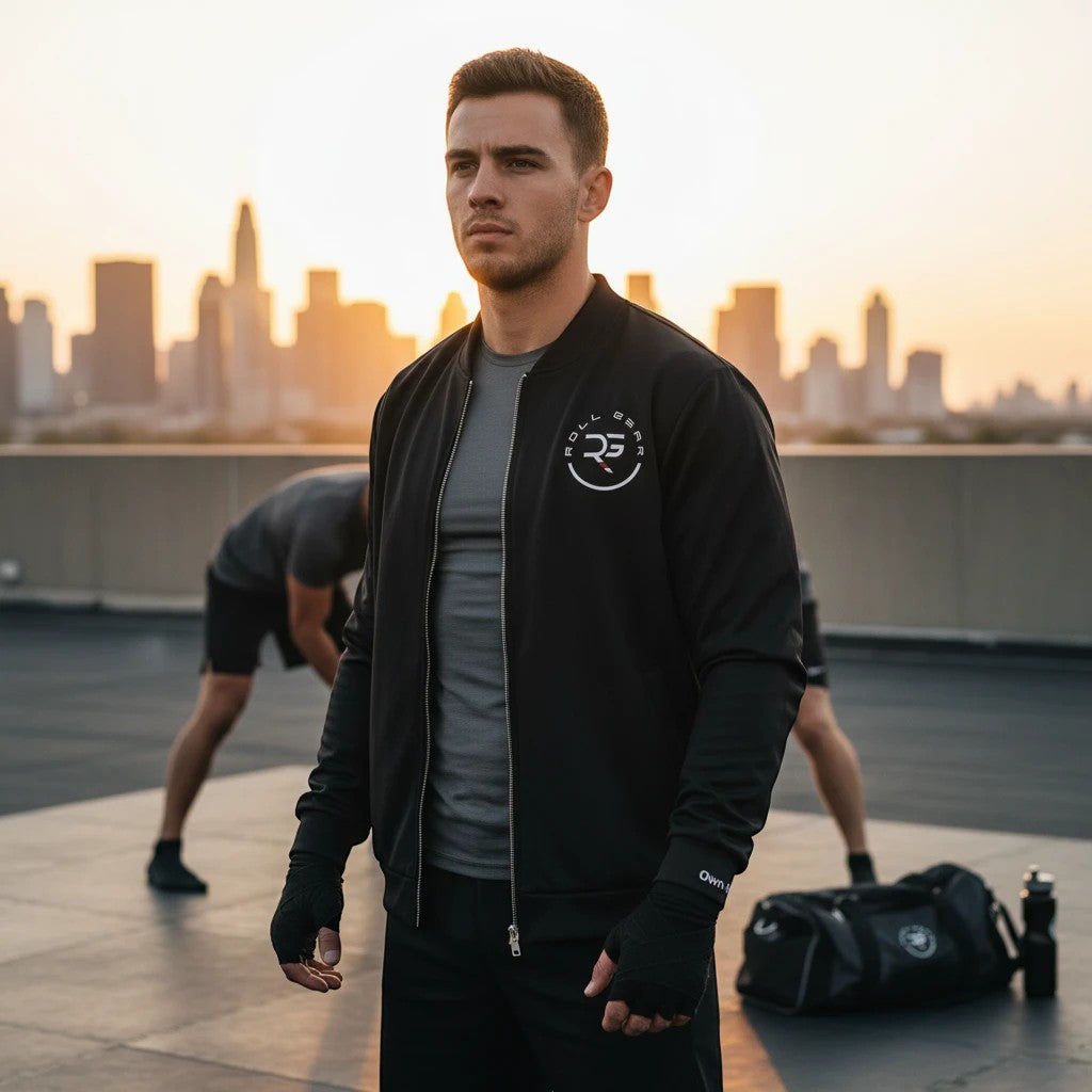Roll Gear black polyester bomber jacket with embroidered logo, worn by a man on a rooftop at sunset.
