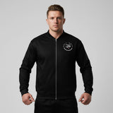 Roll Gear black polyester bomber jacket with fleece interior and embroidered logo on chest and back. Unisex fit.