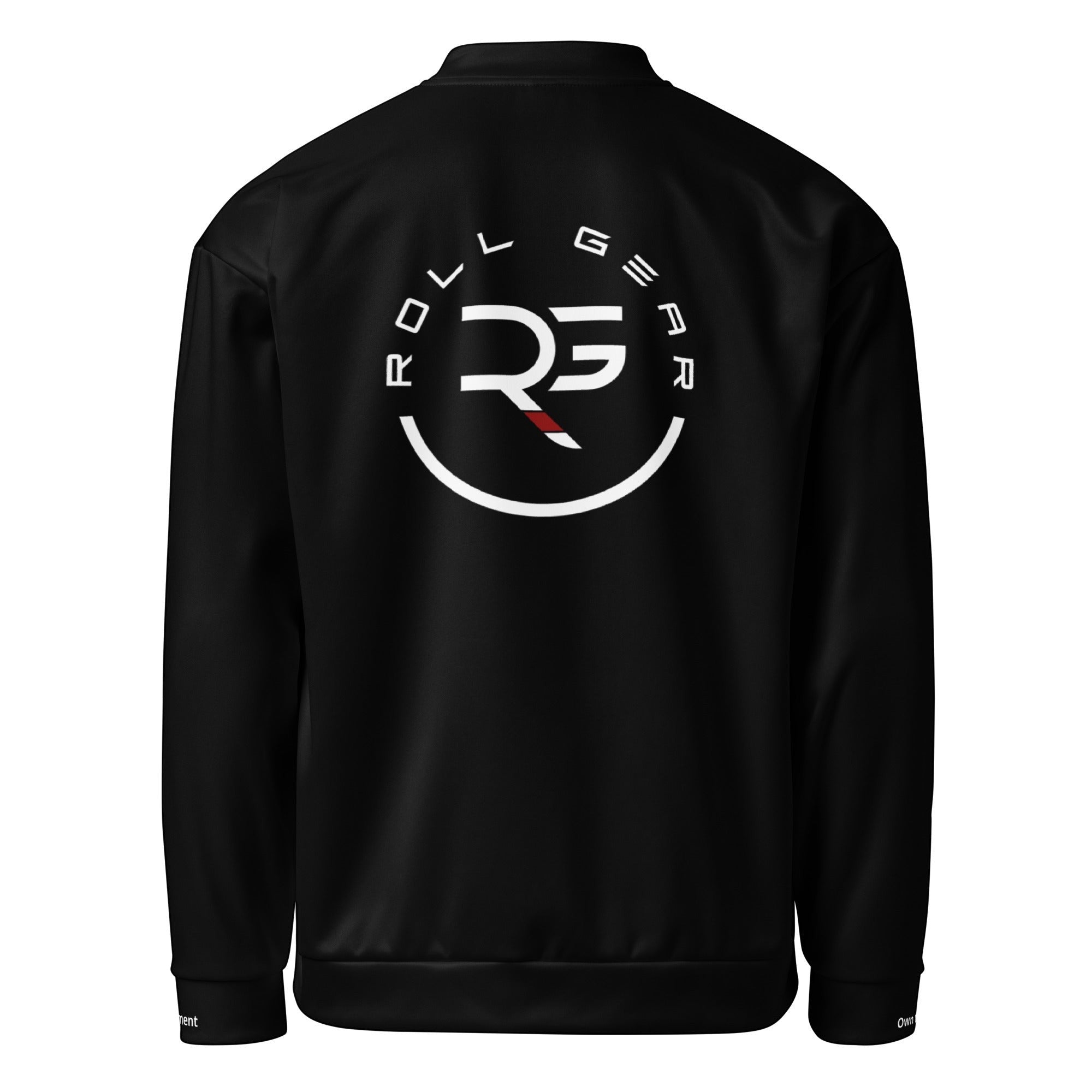 Roll Gear black bomber jacket with embroidered logo on chest and back, ribbed cuffs and waistband.