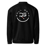 Roll Gear black bomber jacket with embroidered logo on chest and back, ribbed cuffs and waistband.