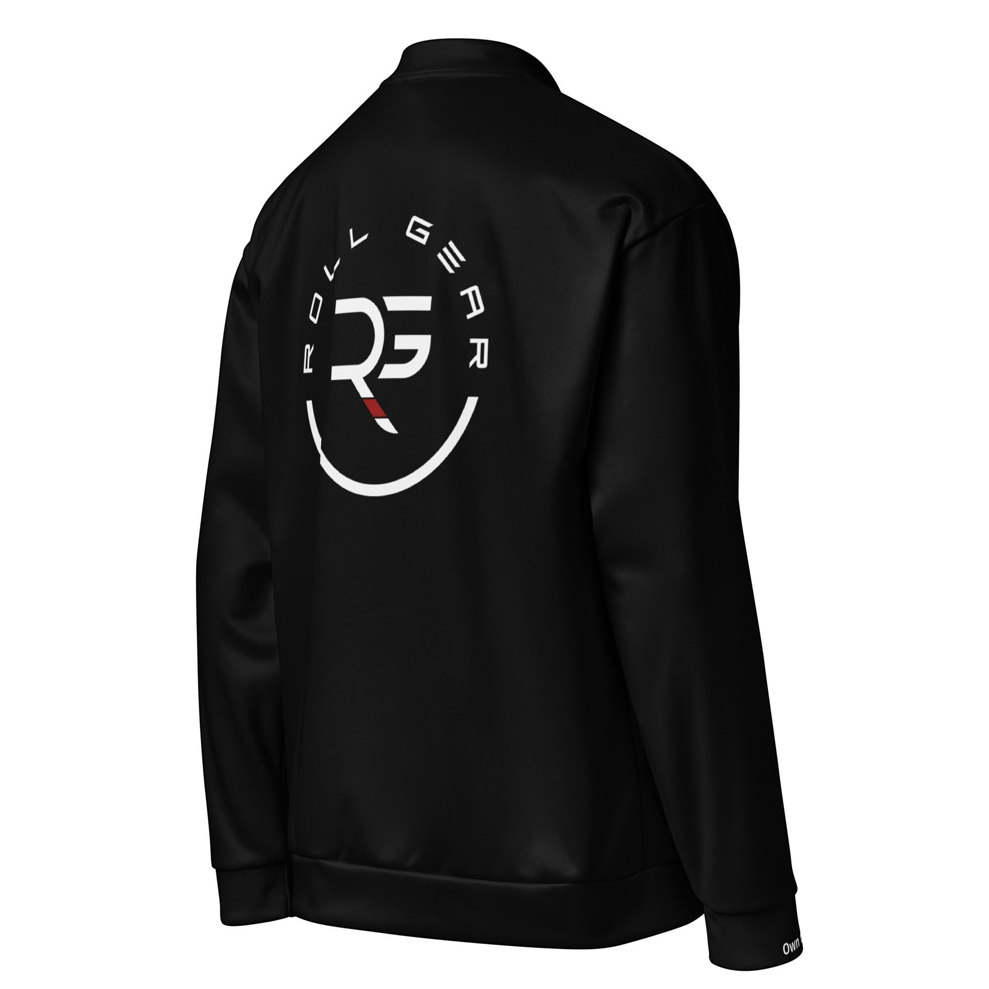 Roll Gear black bomber jacket with embroidered logo on back, ribbed cuffs and waistband, polyester shell.