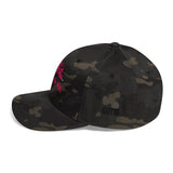Roll Gear black camouflage structured baseball cap with pink embroidered belt graphic and "Girls on the Mat" text.