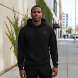Roll Gear Champion black cotton-polyester blend hoodie with red chest logo and Champion C on sleeve.
