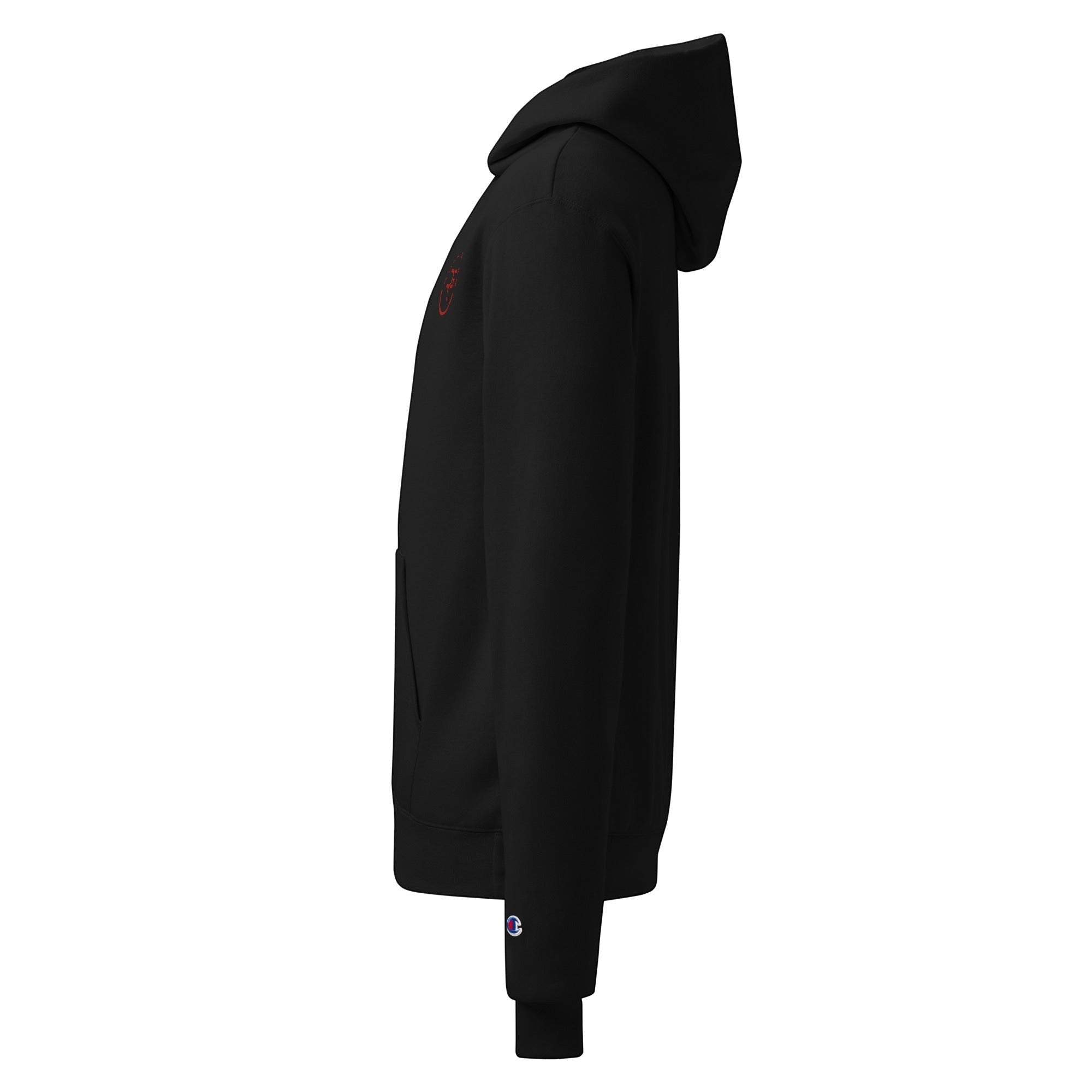 Roll Gear black cotton-polyester blend hoodie with red chest logo and Champion C logo on sleeve.