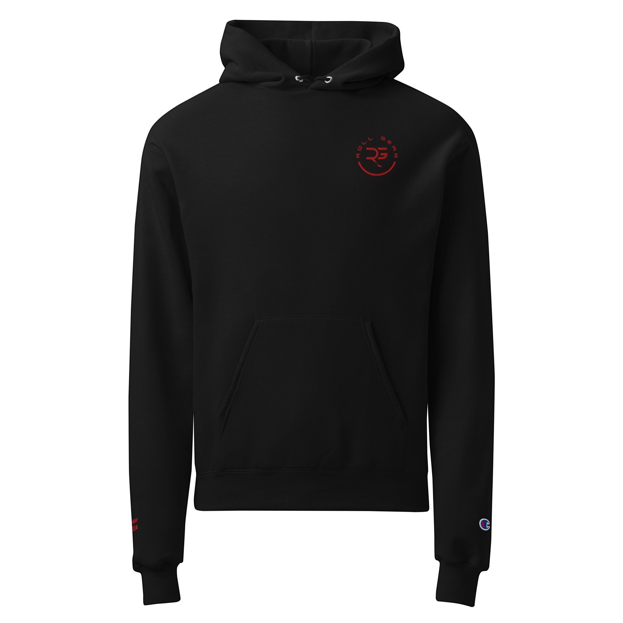 Roll Gear black cotton-polyester blend hoodie with red chest logo and Champion C logo on sleeve.