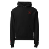 Roll Gear black cotton-polyester blend hoodie with red chest logo and Champion C logo on sleeve.