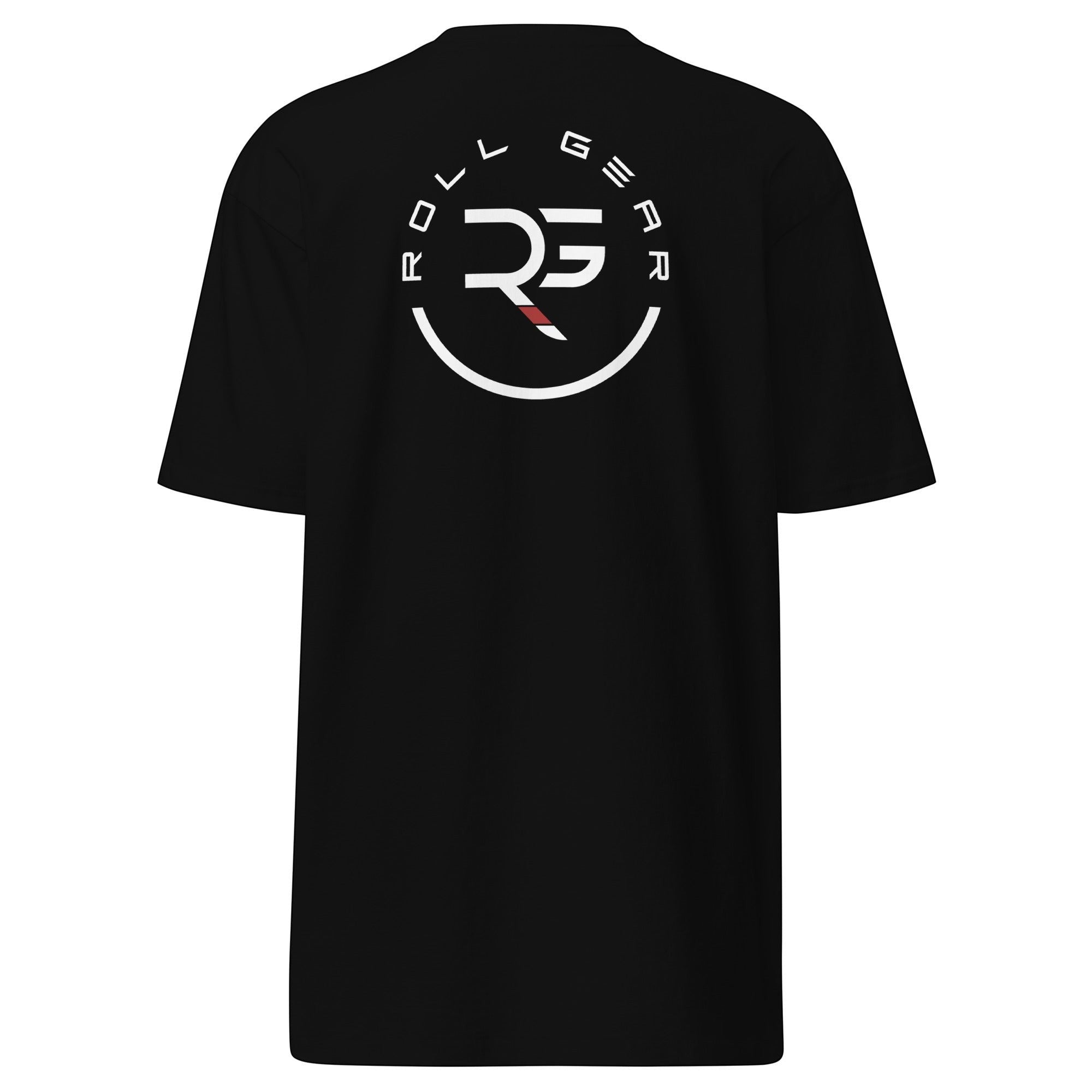 Roll Gear Excuses Don't Burn Calories Premium T-Shirt – Black – Men's, flat back view, Roll Gear emblem.