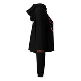 Roll Gear black cropped hoodie with pink graphic details and logo on sleeve.