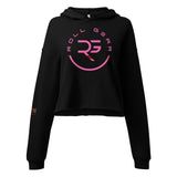 Roll Gear black cropped hoodie with pink RG logo and text. Women's BJJ apparel.