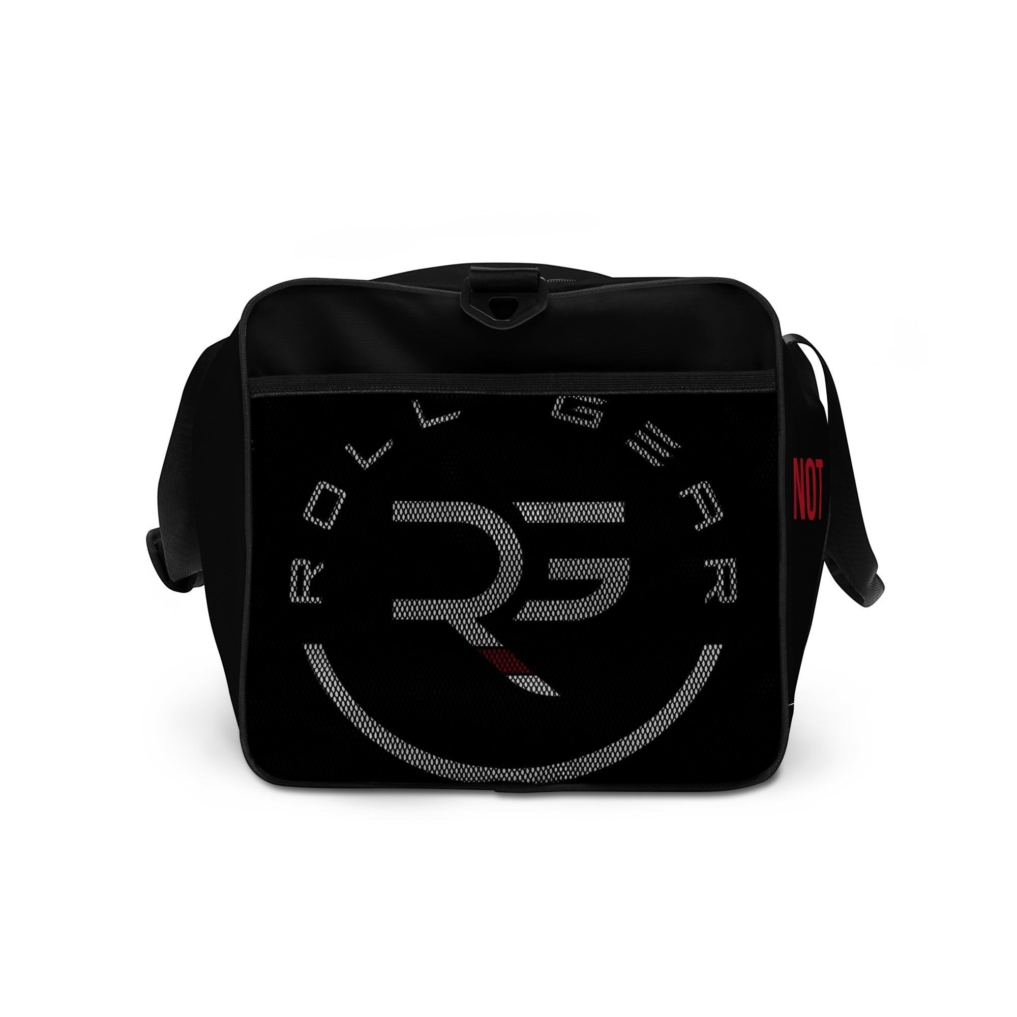 Black polyester duffel bag by Roll Gear LLC with "Earned Not Given" graphic and "RG" logo. Features padded handles and shoulder strap.
