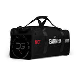 Roll Gear LLC black polyester duffel bag with "Tap Hype" graphic, mesh side pocket, and padded handles.