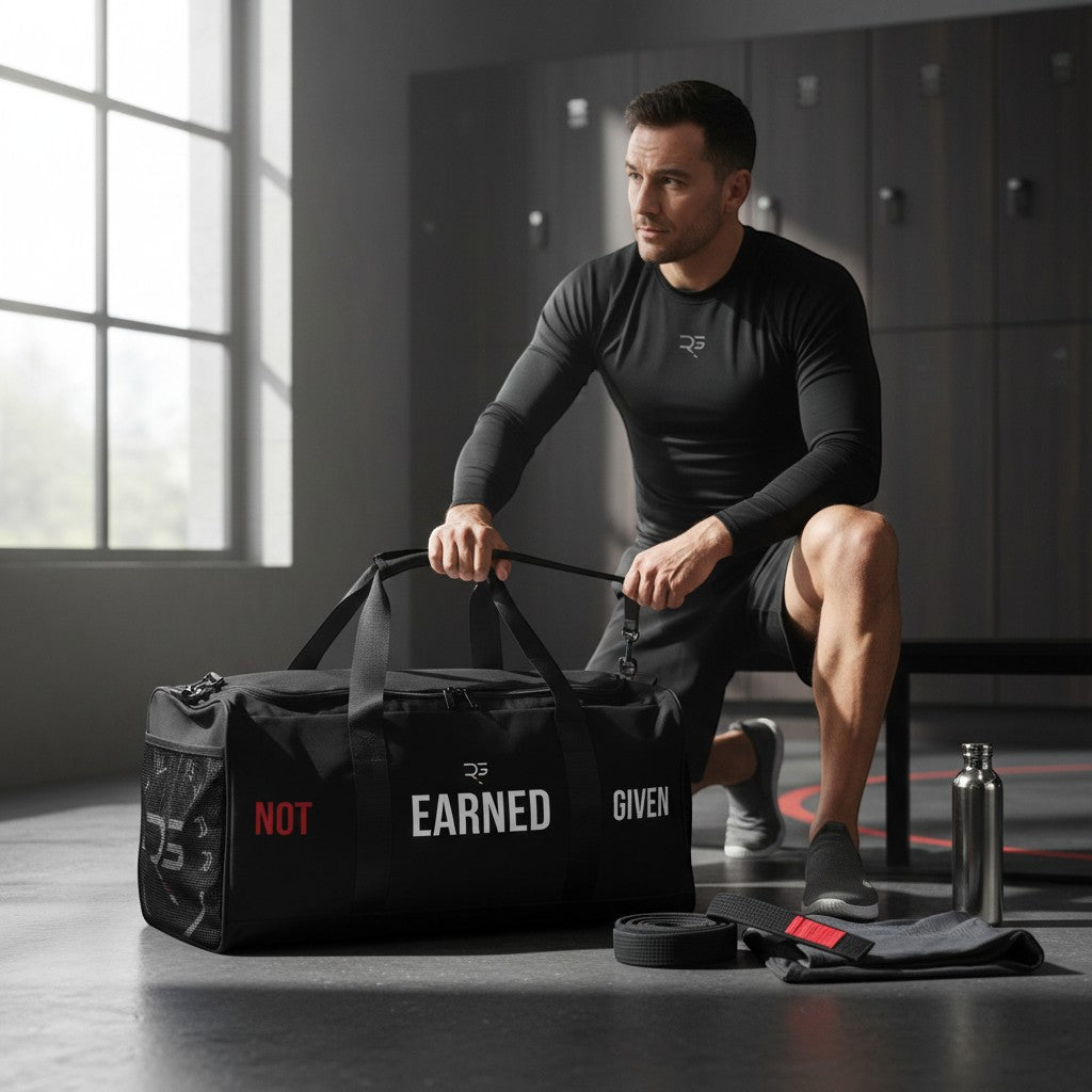 Roll Gear LLC black polyester duffel bag with "Tap Hype" graphic, mesh side pocket, and padded handles.