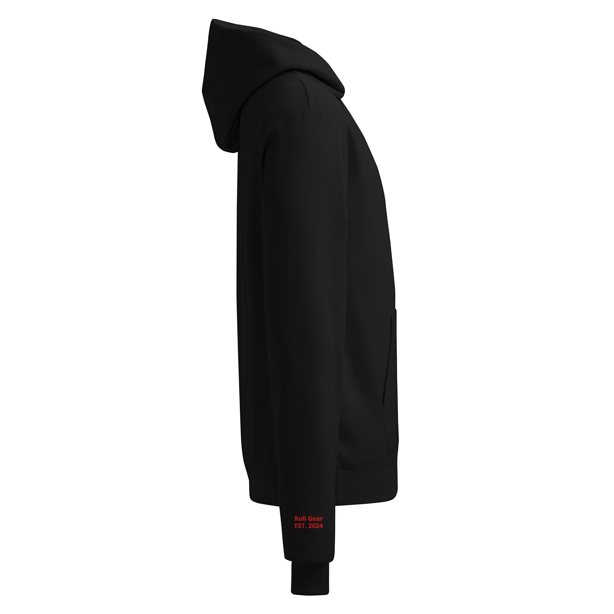 Roll Gear black cotton-polyester blend hoodie with red text on sleeve and kangaroo pocket.