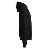 Roll Gear black cotton-polyester blend hoodie with red text on sleeve and kangaroo pocket.