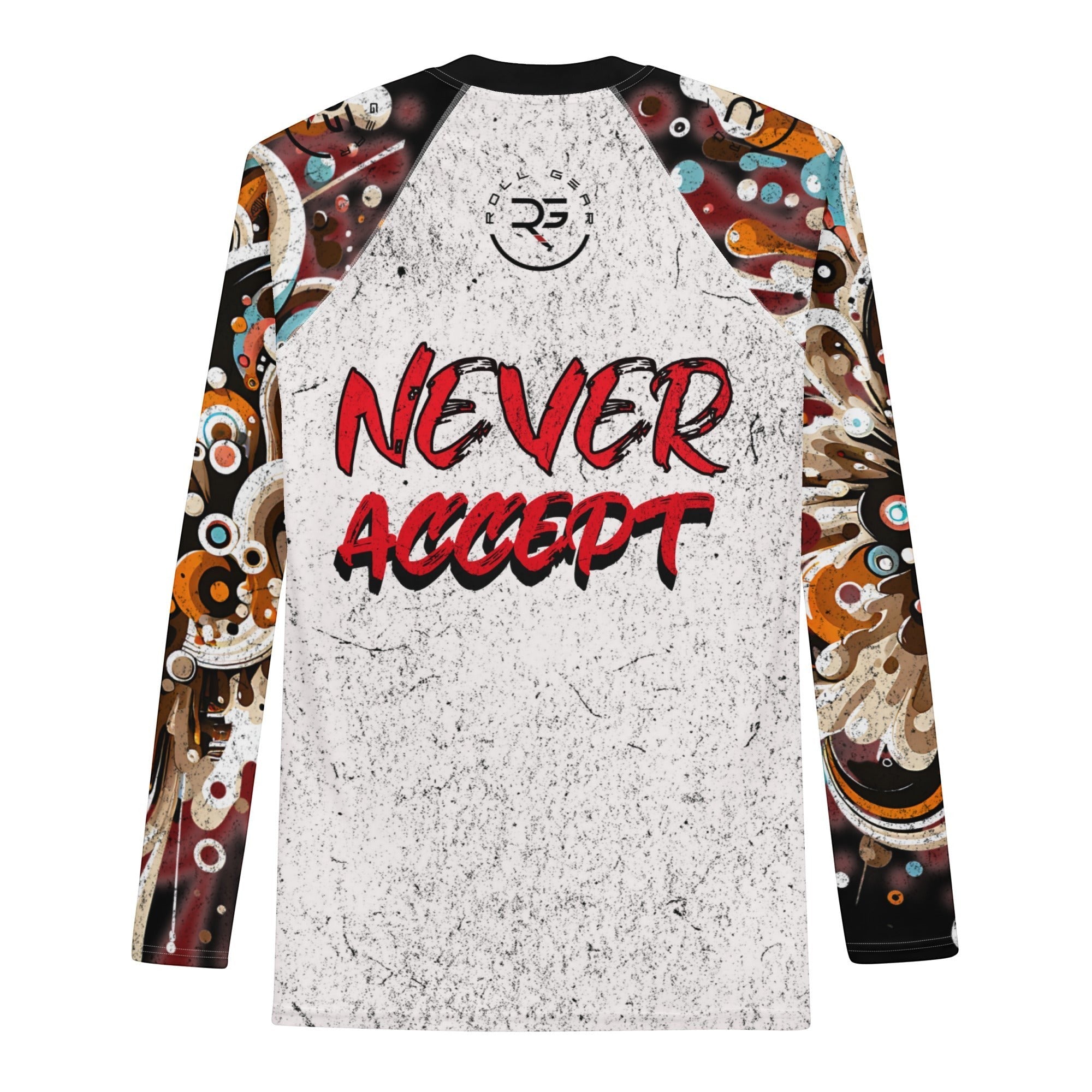 Roll Gear Never Accept Rash Guard – Black – Men's, flat back view, Never Accept back print and patterned sleeves.