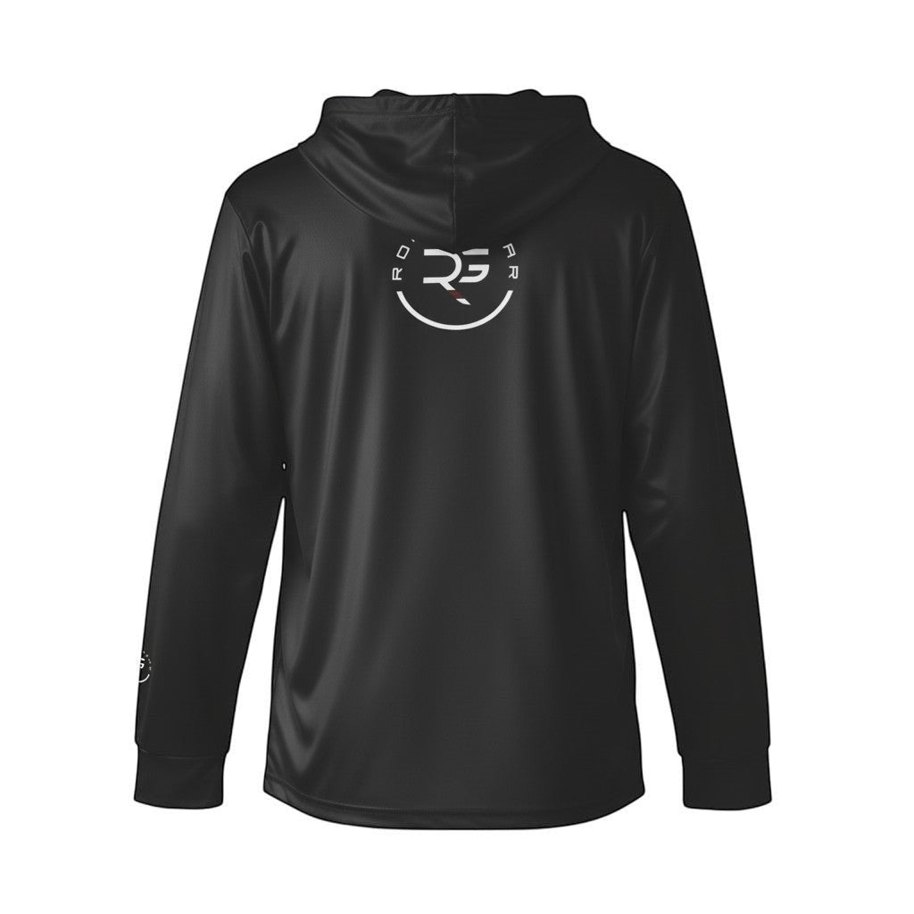 Roll Gear black performance hooded long sleeve shirt with white logo on back and sleeve. Lightweight athletic wear.