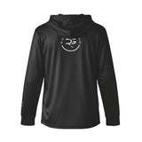 Roll Gear black performance hooded long sleeve shirt with white logo on back and sleeve. Lightweight athletic wear.