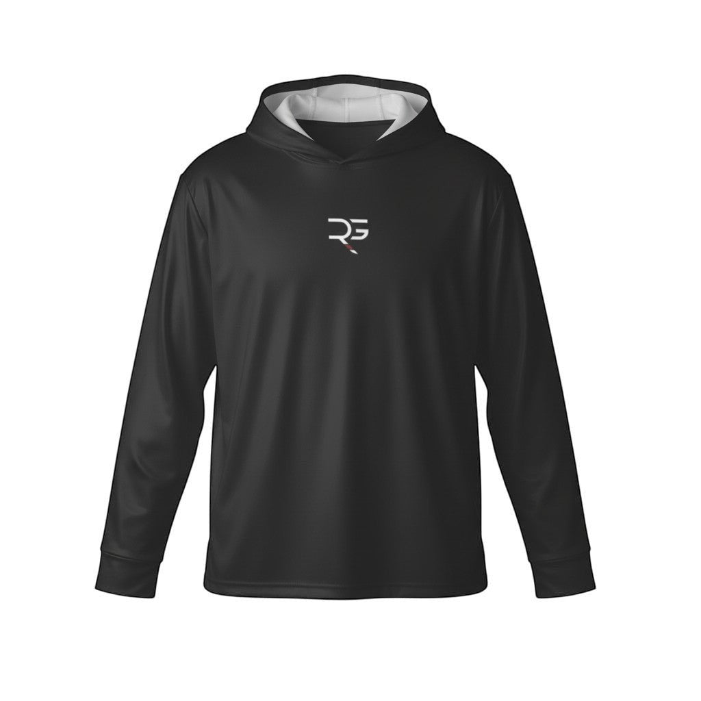 Roll Gear black performance hooded long sleeve shirt with white interior and minimalist logo on chest.