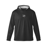 Roll Gear black performance hooded long sleeve shirt with white interior and minimalist logo on chest.