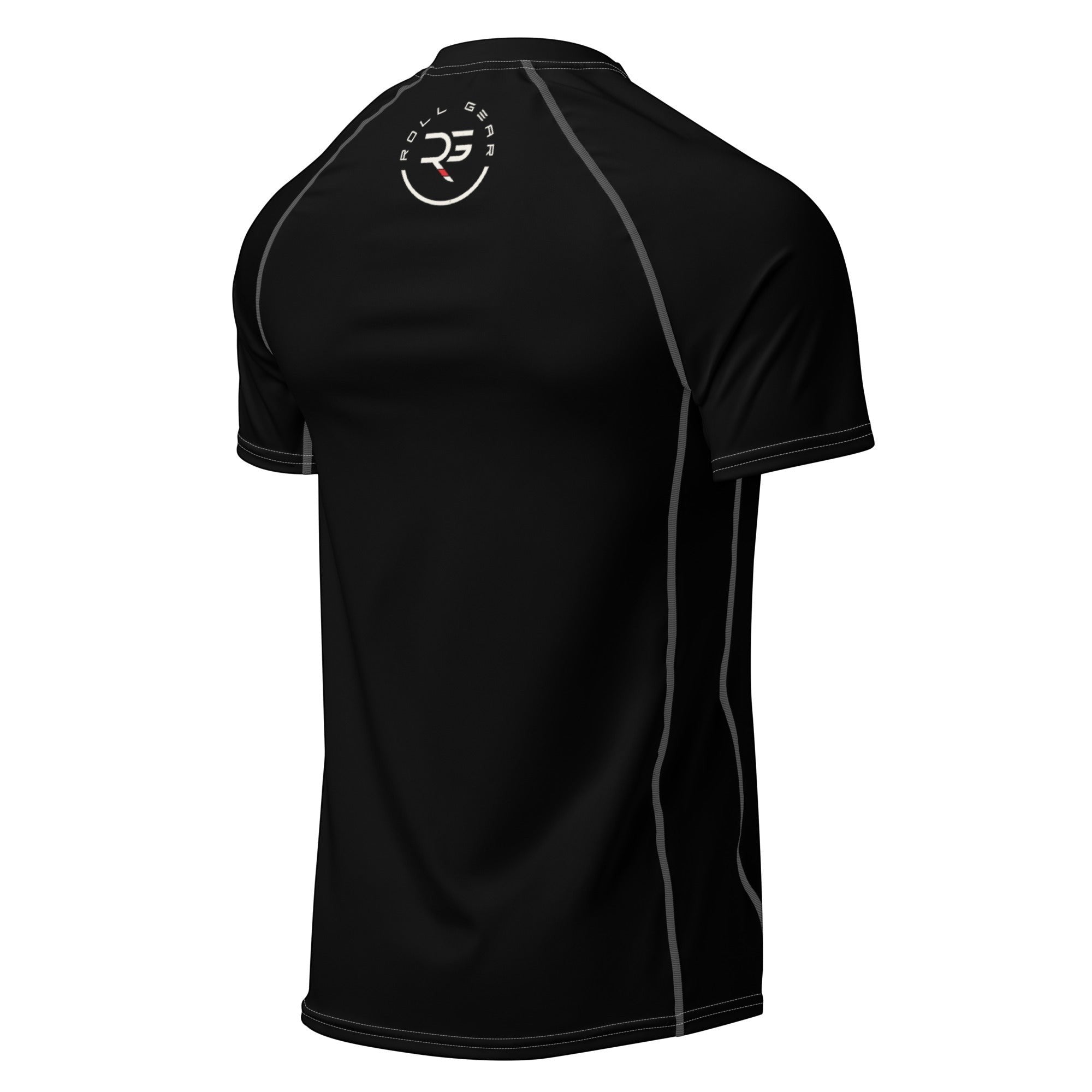 Roll Gear black short-sleeve performance rash guard with grey stitching, ideal for training.
