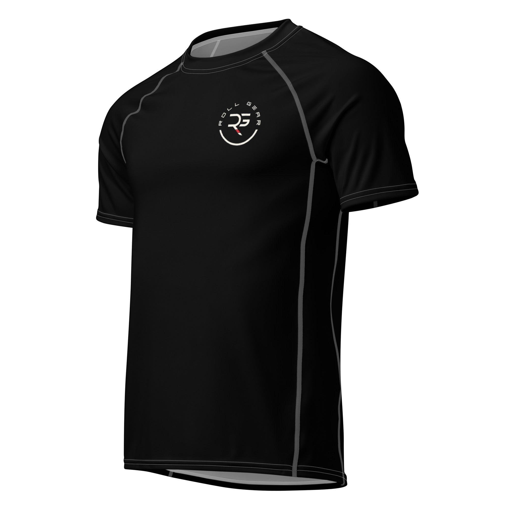 Roll Gear black short-sleeve performance rash guard with grey contrast stitching and a circular logo on the chest.