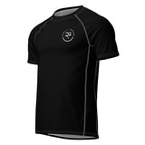 Roll Gear black short-sleeve performance rash guard with grey contrast stitching and a circular logo on the chest.