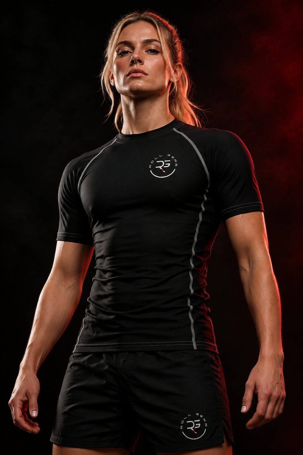 Roll Gear Solid Performance Rash Guard – Black – Adult Unisex, front view, worn by a female athlete.