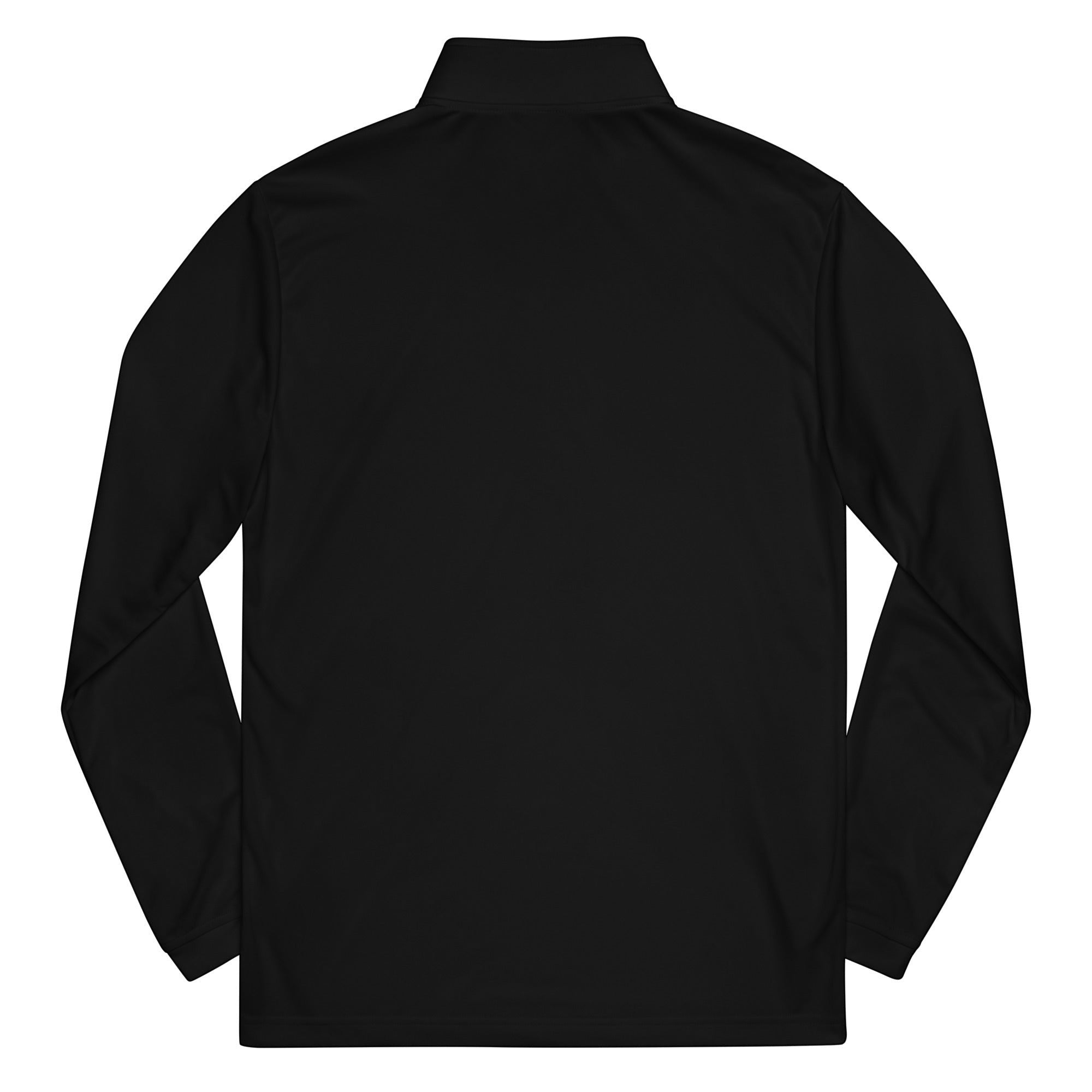 Roll Gear black polyester quarter zip pullover with long sleeves, moisture-wicking fabric, and athletic stretch.