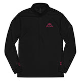 Roll Gear black polyester quarter zip pullover with pink embroidered "Girls on the Mat" logo on chest and sleeve.