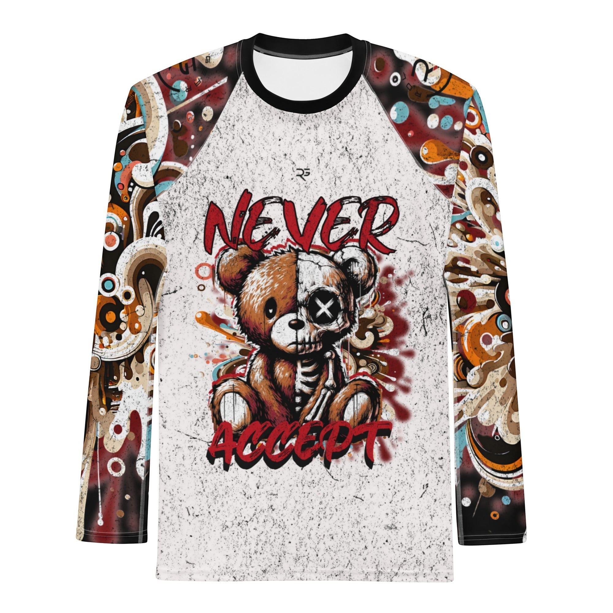 Roll Gear Never Accept Rash Guard – Black – Men's, flat front view, teddy bear graphic.