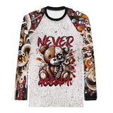 Roll Gear Never Accept Rash Guard – Black – Men's, flat front view, teddy bear graphic.