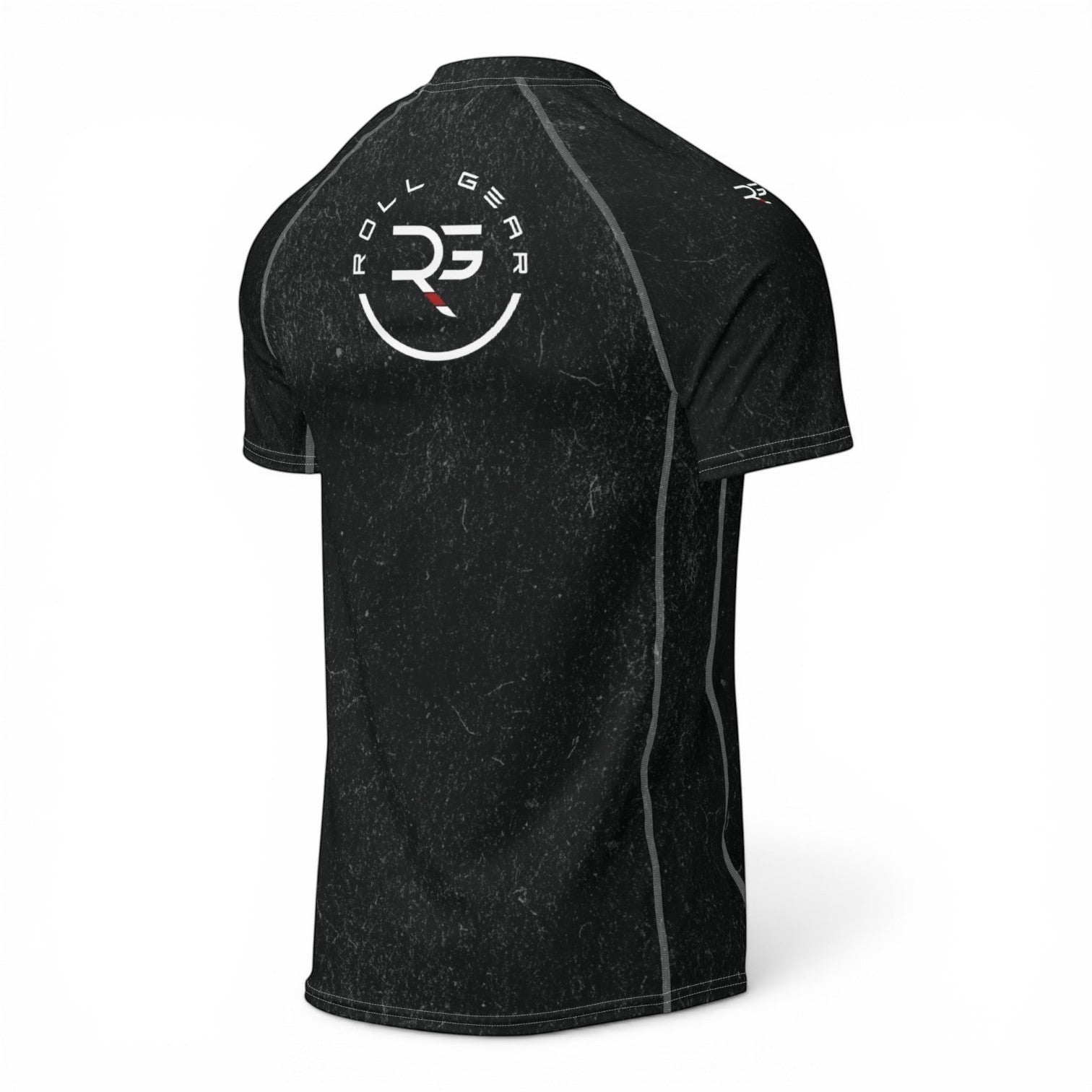 Roll Gear Earned Not Given Short Sleeve Rash Guard – Black, angled flat back view, Roll Gear emblem.